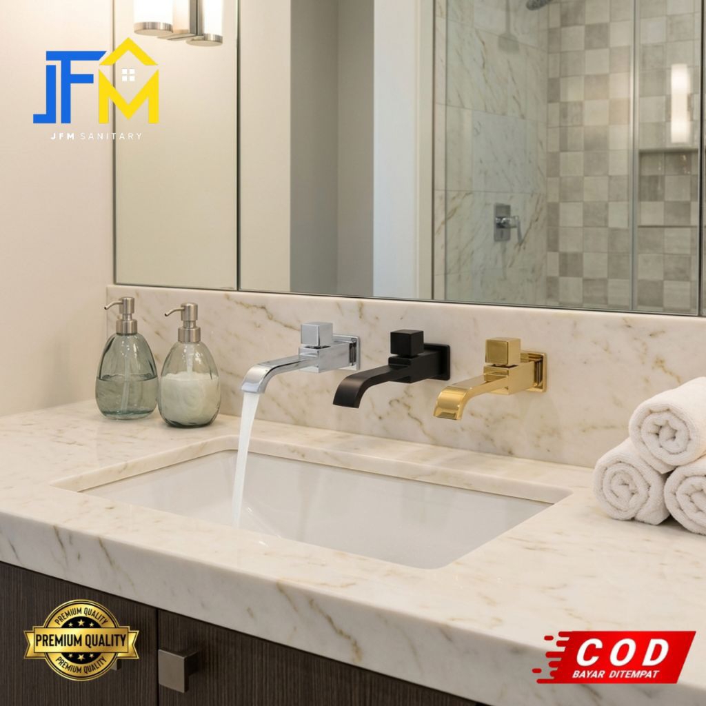 Promo Kran Wastafel Dinding Minimaliss / Keran Air Wastafel Tembok Spout CHROME, BLACK & GOLD