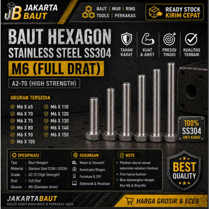 Baut Hex Stainless M6X130 - Baut Hexagon 6X130 / M6 X 130 / 6 X 130  SS304 / SUS304 / A2-70 Full Dra
