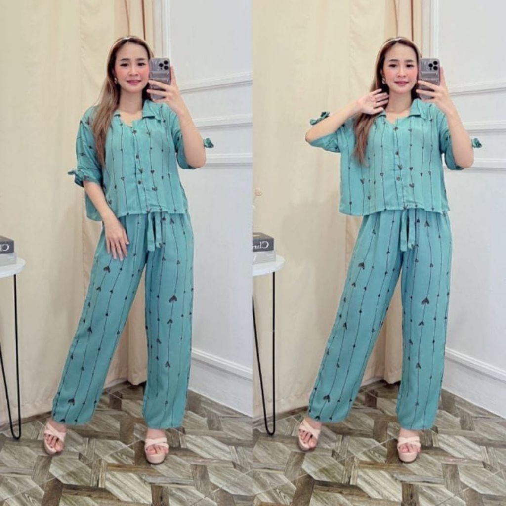 One set crop love wanita lengan pendek celana panjang kekinian setelan wanita busui terbaru 2025 ray