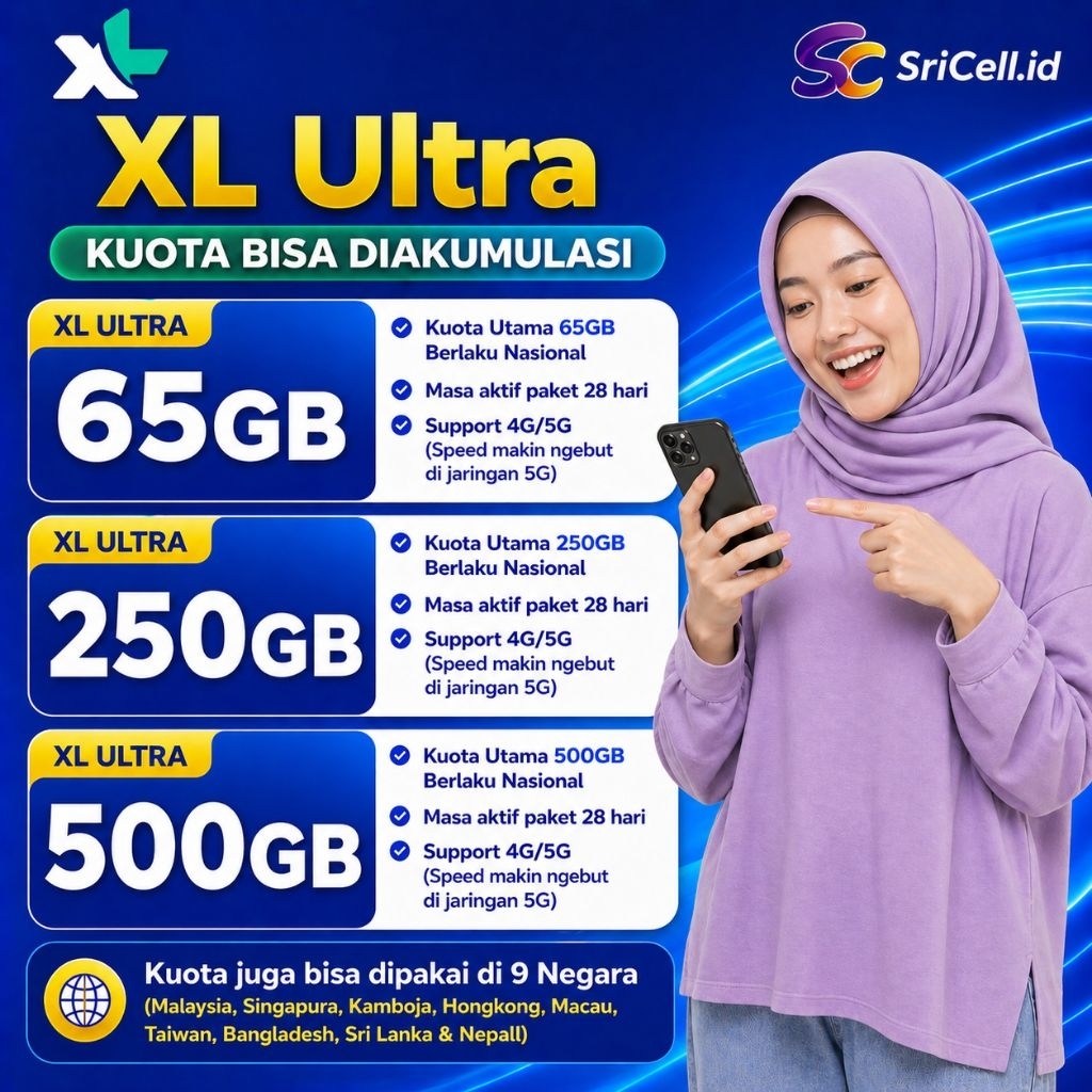 Paket Data XL Ultra Full Nasional Hingga 600GB 28 Hari 24 Jam 4G/5G | SriCell.id