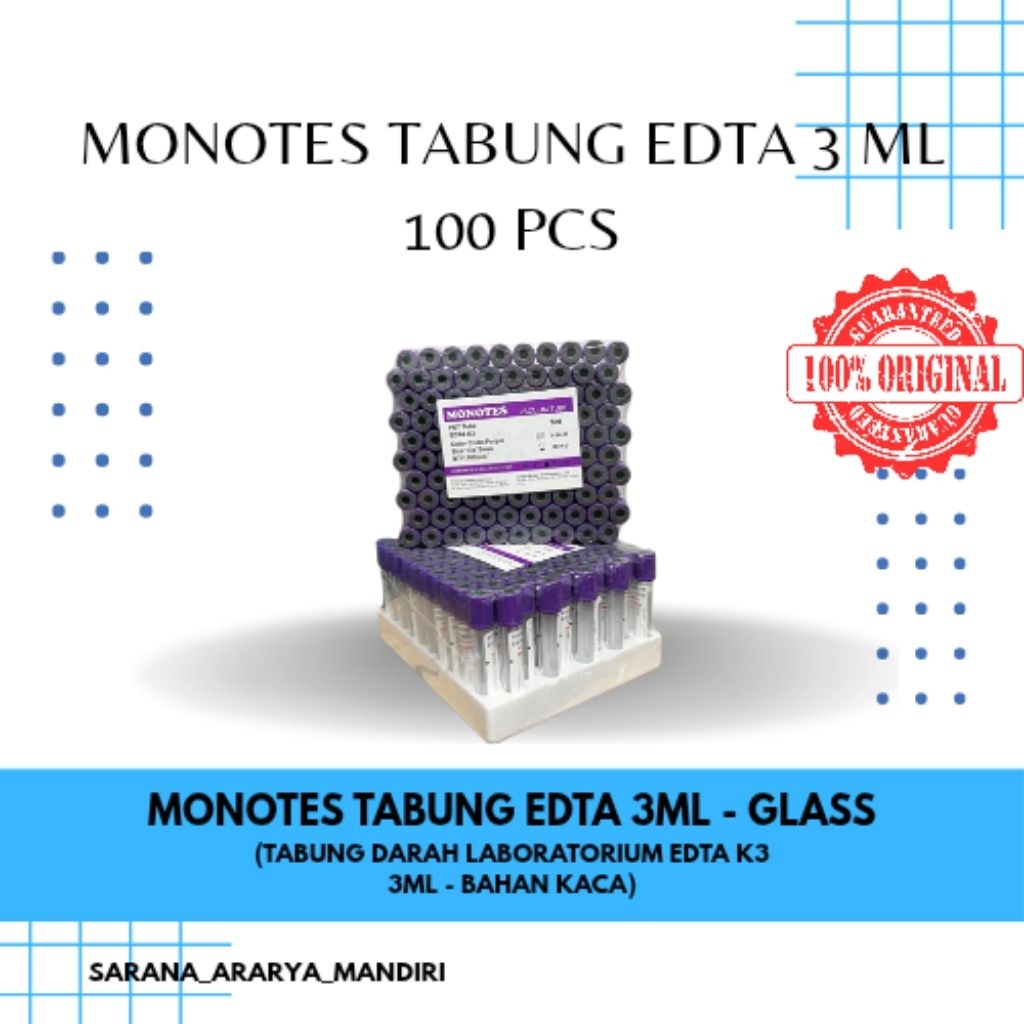 Monotes Vacuum Tube K3 EDTA 3 ML Pet dan Glass (100 pcs /box) Tabung Edta tutup ungu / tabung plain 