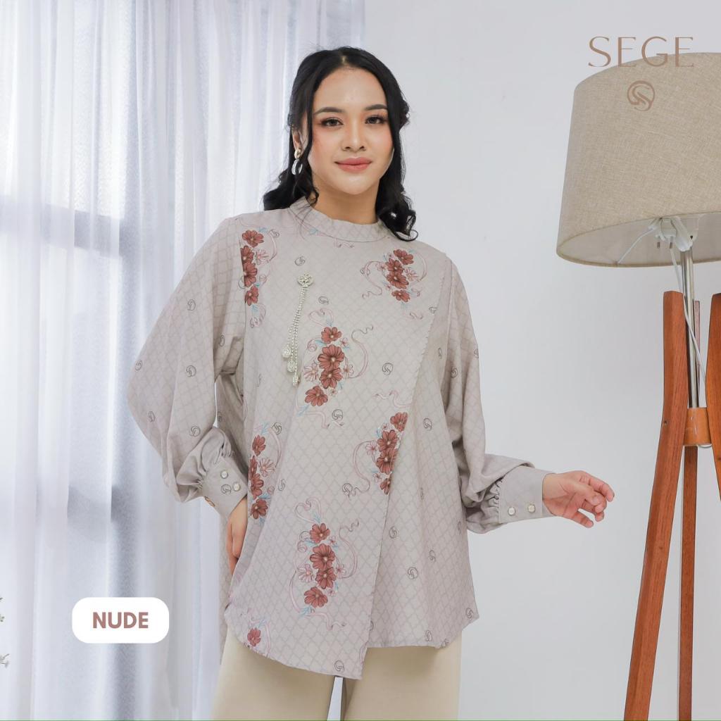 SEGE Mina Blouse  Wanita Jumbo & Reguler - Atasan Elegan Layer Asimentris Floral, Busui Friendly, Ko