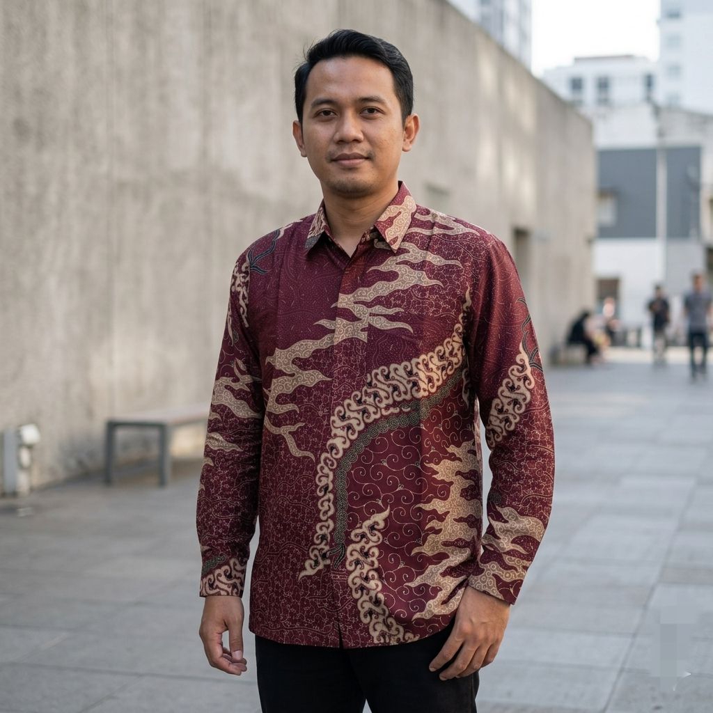 Batik Pria Lengan Panjang Modern Burgandi Bahan Katun Potongan Reguler- Seragam Batik Pria Pesta Dan