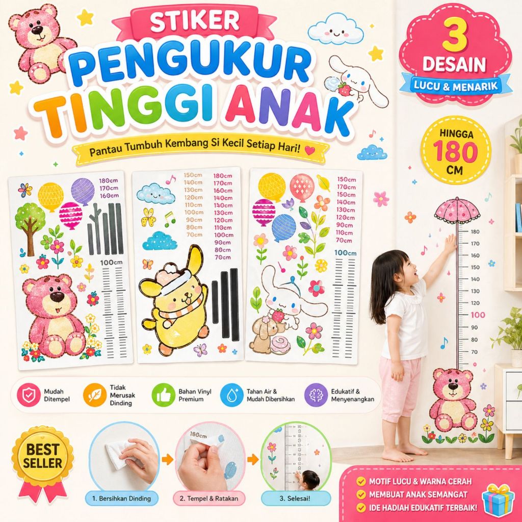 Stiker PENGUKUR TINGGI BADAN Karakter Sanrio Kuromi Lotso / Alat Pengukur Tinggi Badan Anak