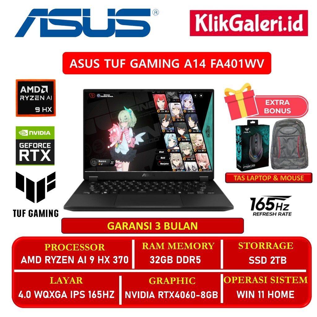 Asus Tuf A14 2024 FA401WV Ryzen AI 9 HX370 32GB 2TB SSD RTX4060 8GB WQXGA EX Display