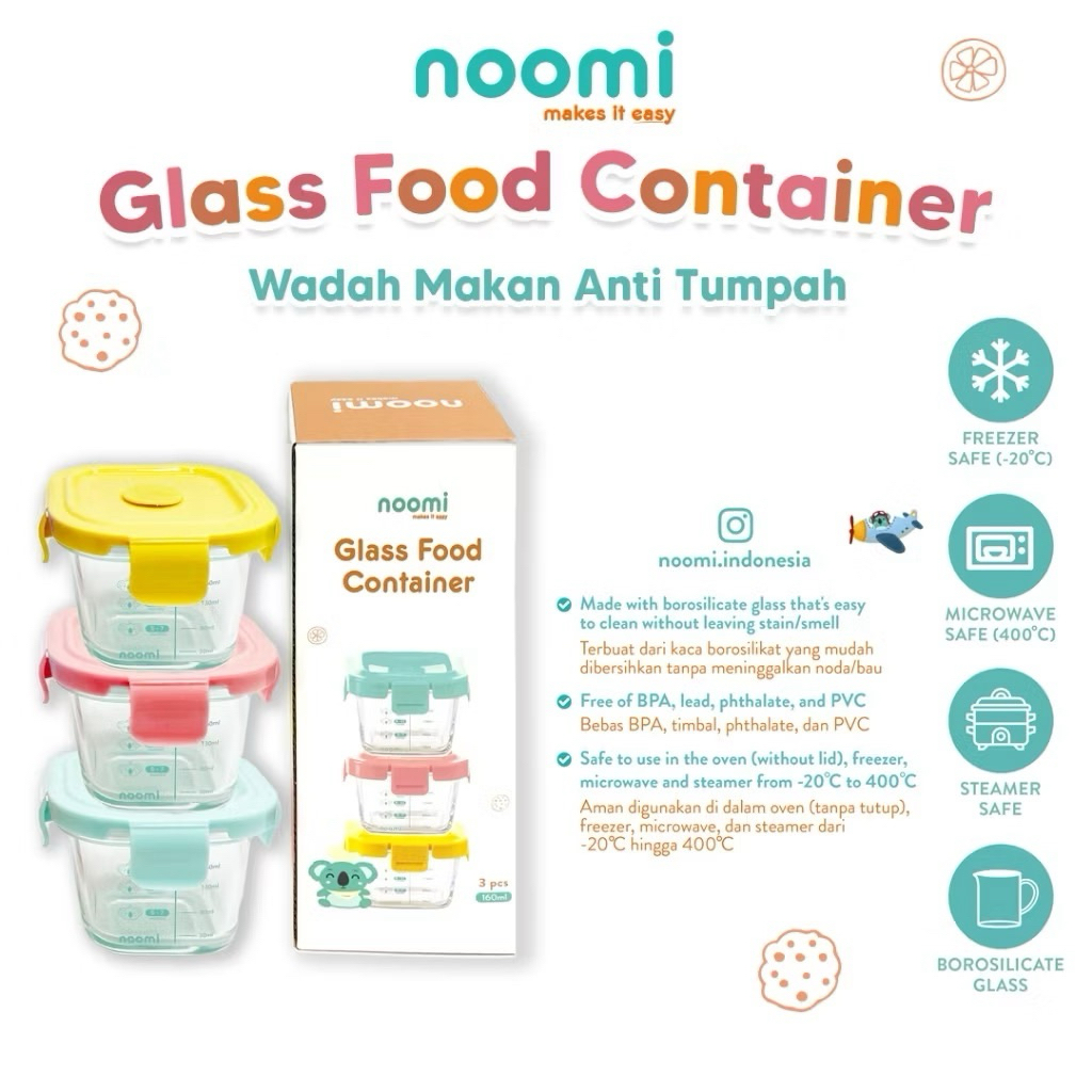 Noomi  food container Glass -Aman Microwave, Tahan Kulkas, BPA Free