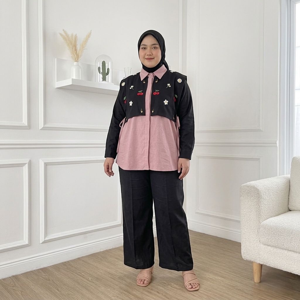 JUMBO SCAHI SET LINEN BORDIR LD 120 130 140 // ONE SET VEST WANITA // SETELAN WANITA // SET JUMBO //