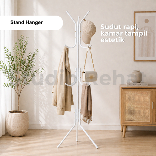 Stand Hanger Gantungan Baju Berdiri Tiang Besi Rak Tas Topi Jas Aesthetic - Putih