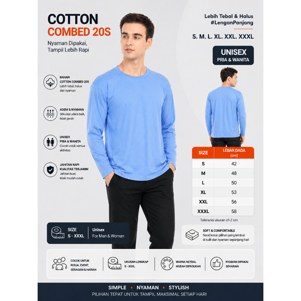 Kaos Polos Panjang Biru Telor Asin 100% Cotton Combed 20s | Baju Tshirt Polos Lengan Panjang | Nyama