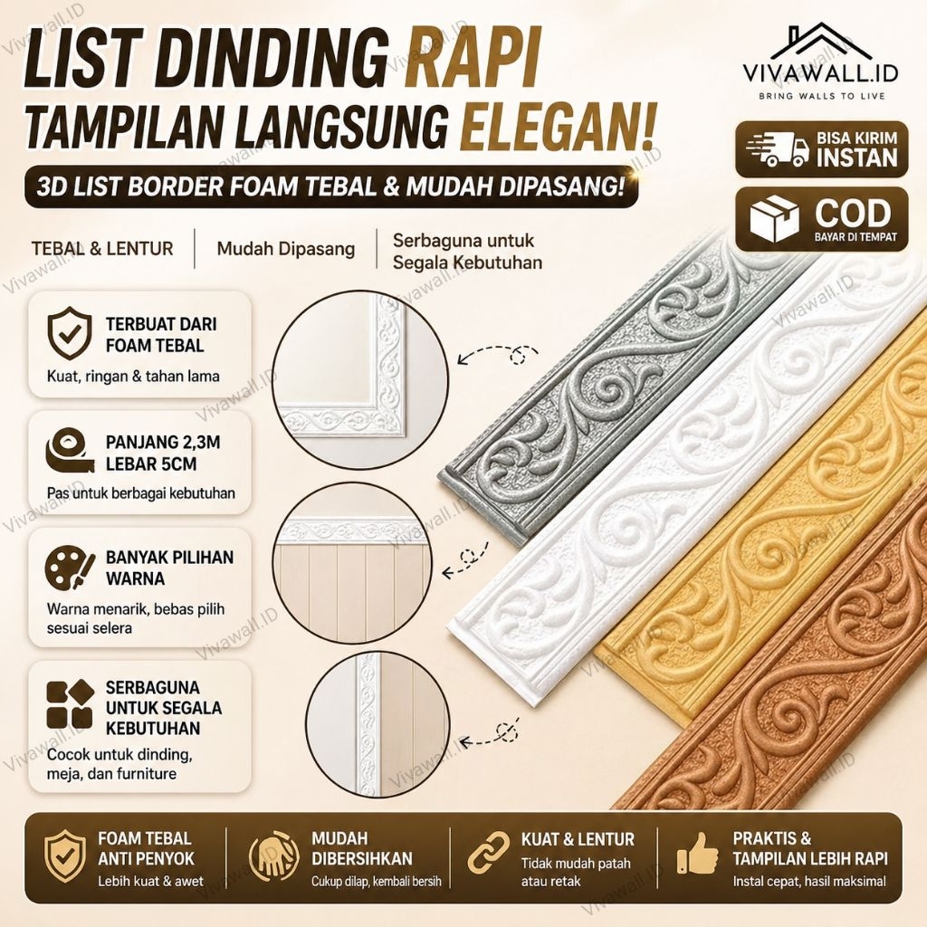 3D List Border Foam Pembatas Pengganti Gipsum Les Alternatif Moulding vivawall.id Wallpaper