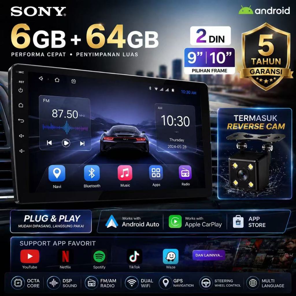 Android Sony Car Stereo 9/10 Inch 6GB+64GB | QLED Display | Wireless CarPlay Android Auto | GPS WiFi