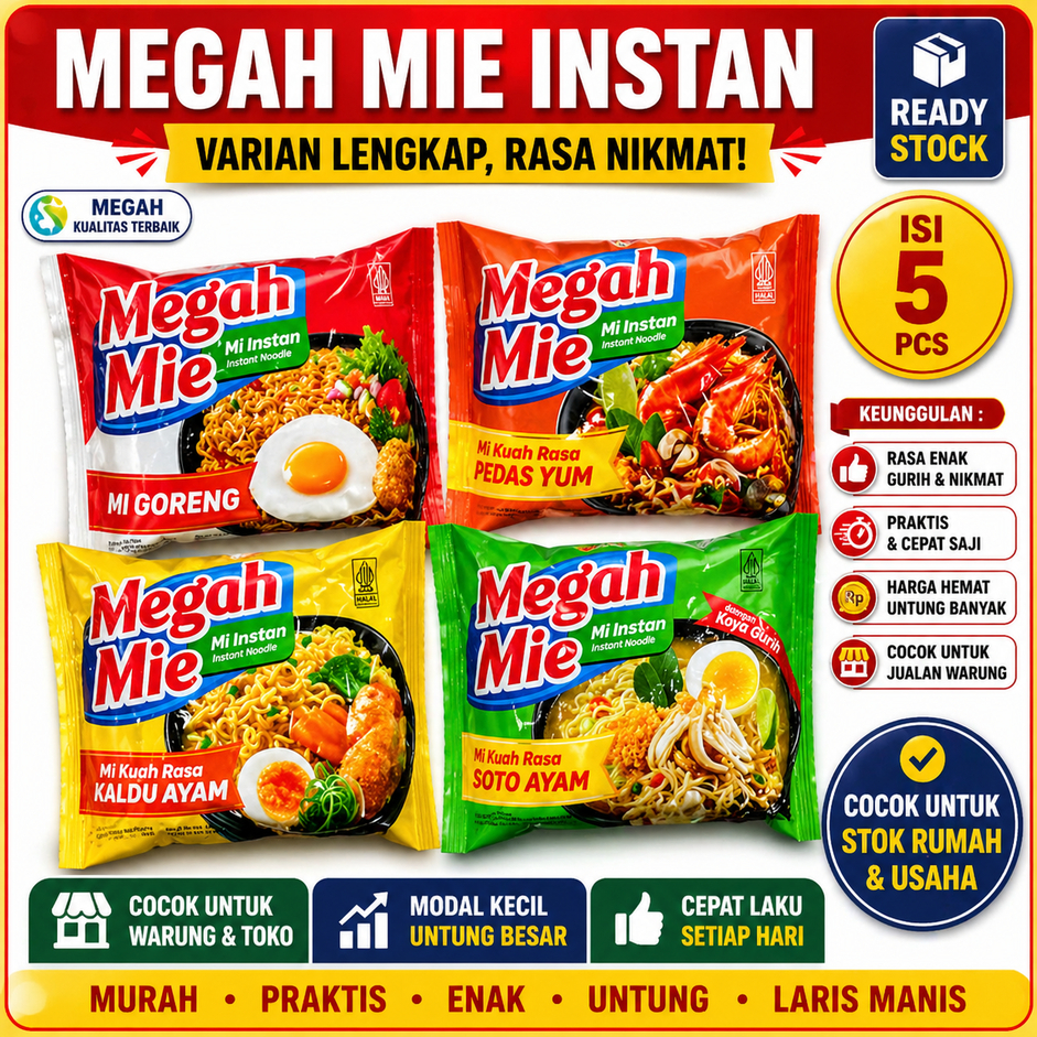 MIE INSTAN MEGAH MIE / MI GORENG KUAH SOTO TOM YUM KALDU AYAM SOP BUNTUT MAKASSAR