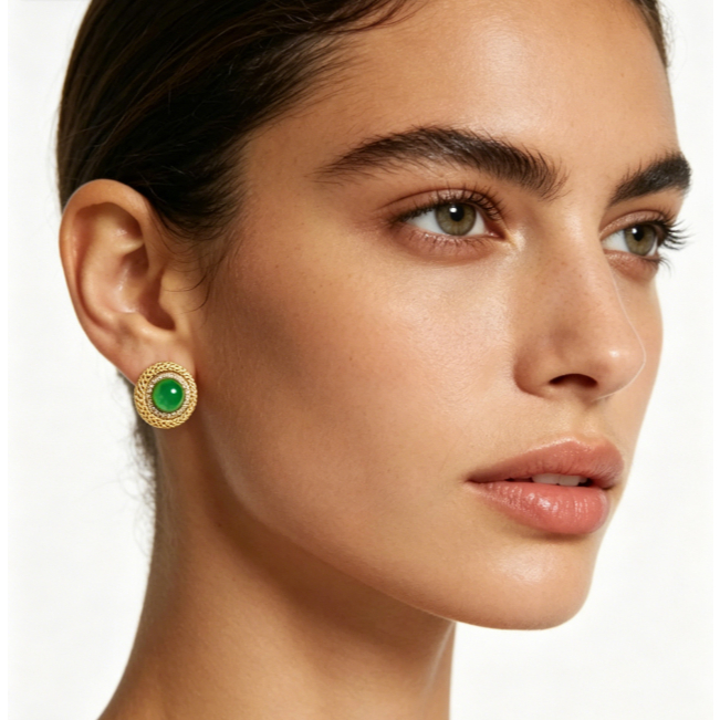 anting wanita,anting lapis emas Anting Tindik Emas dengan Batu Giok Hijau Premium  Anniversary Ulang