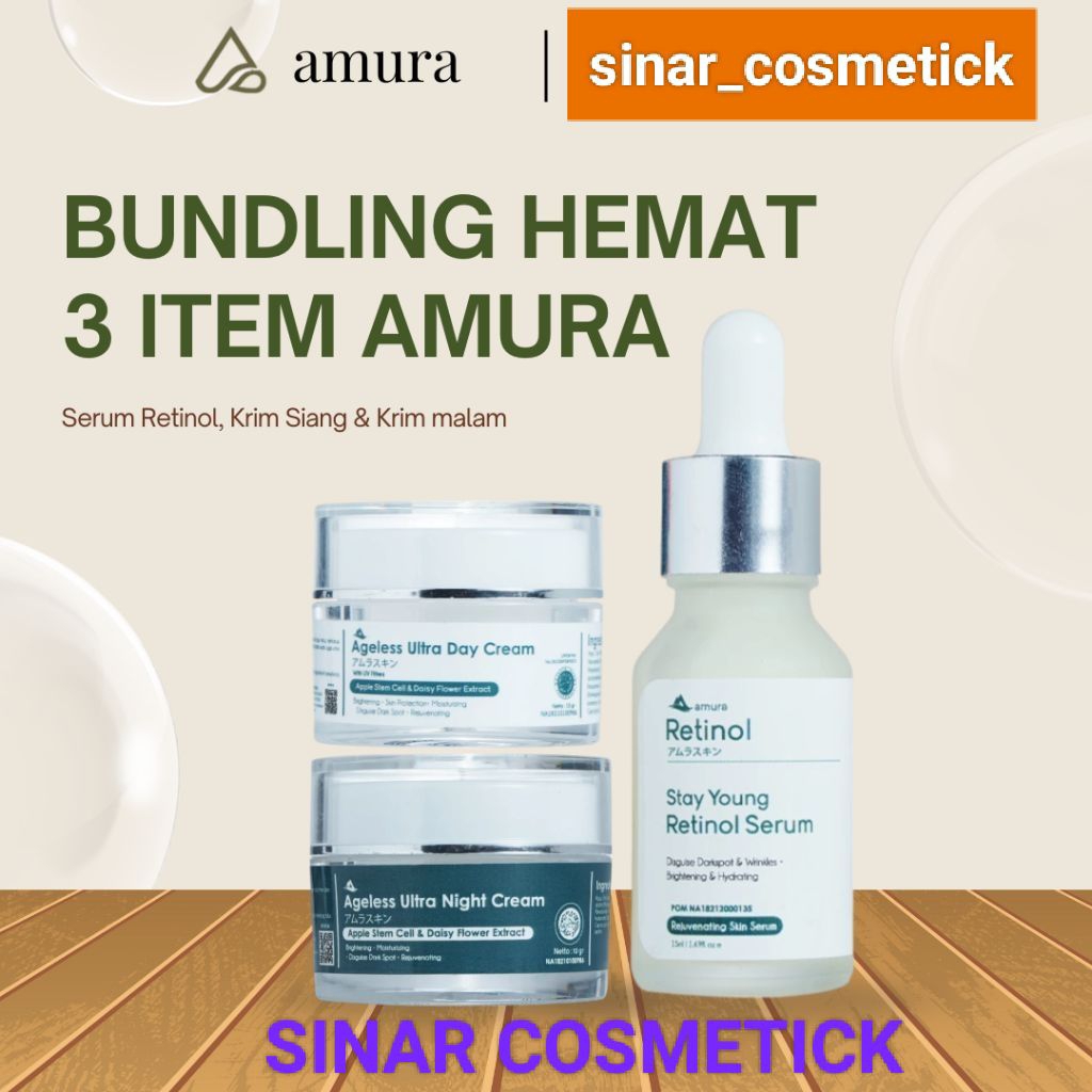 AMURA PAKET GLOUWING SERUM RETINOL FREE CREAM SIANG MALAM - PAKET FLEK HITAM KERUTAN ( RETINOL CREAM