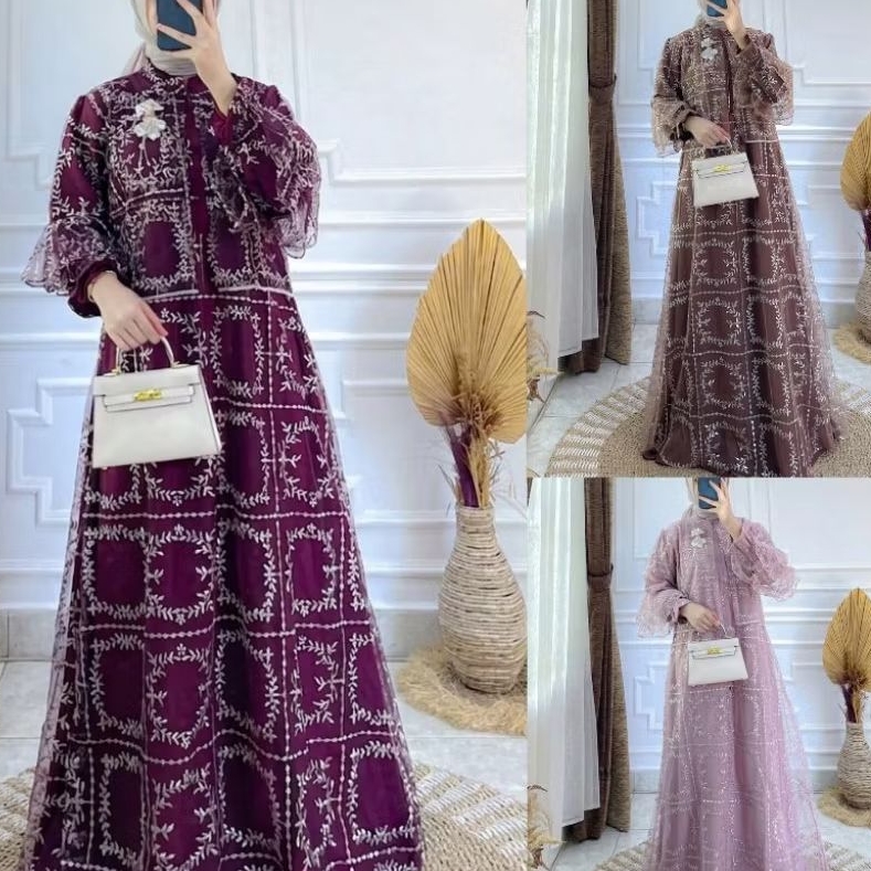Dress Pesta Velvet mix Burkat Gamis Kondangan Simple Elegan Resleting Depan Bagian tangan karet