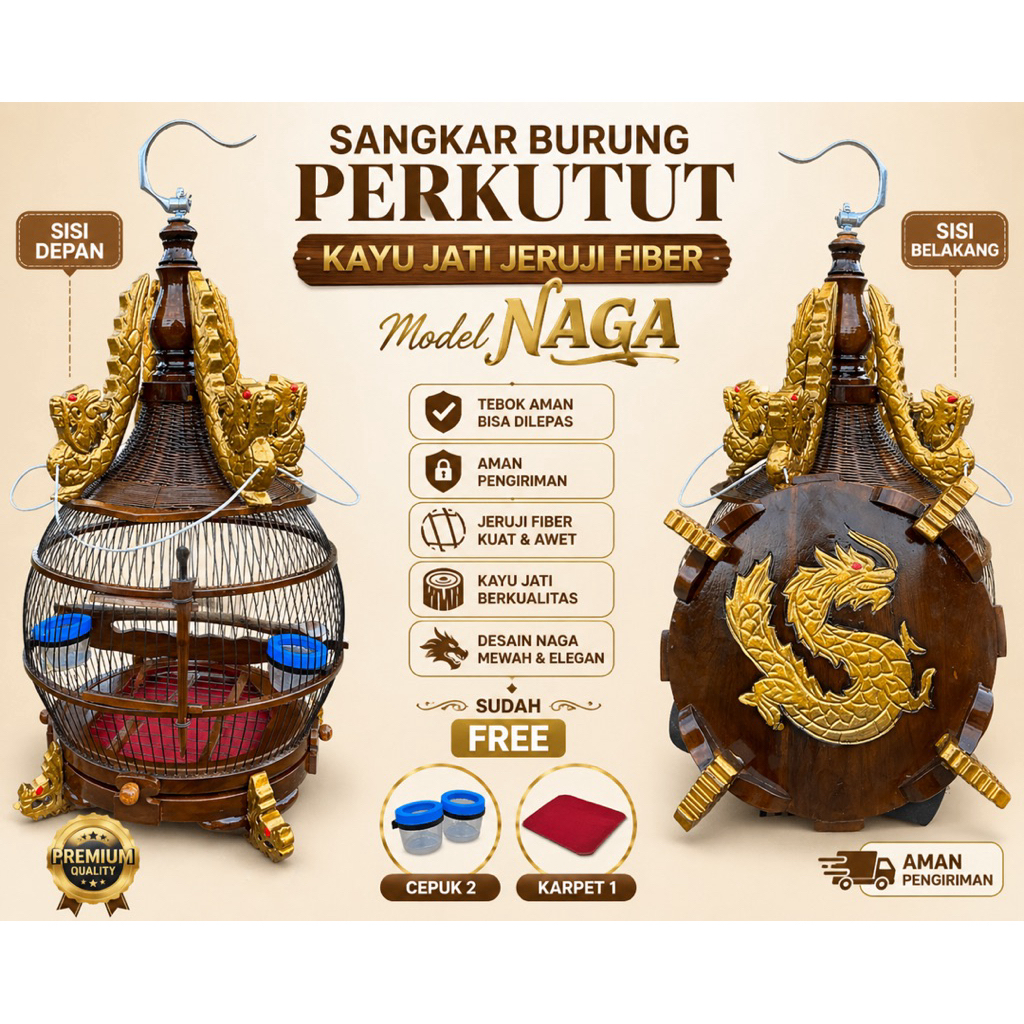 Sangkar Burung Perkutut Jati Ukir Naga Jeruji Fiber Tebok Lepas Bonus Cepuk & Karpet