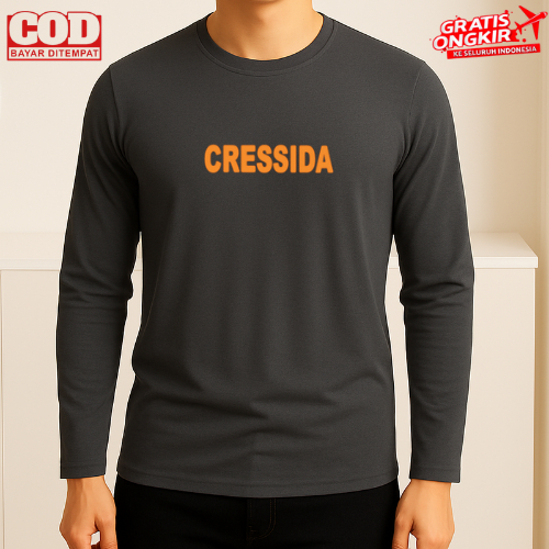 T-Shirt pria Kaos Pria Dan Wanita Kaos distro Kaos Lengan Panjang Cressida Text Print Oren Kaos Dewa