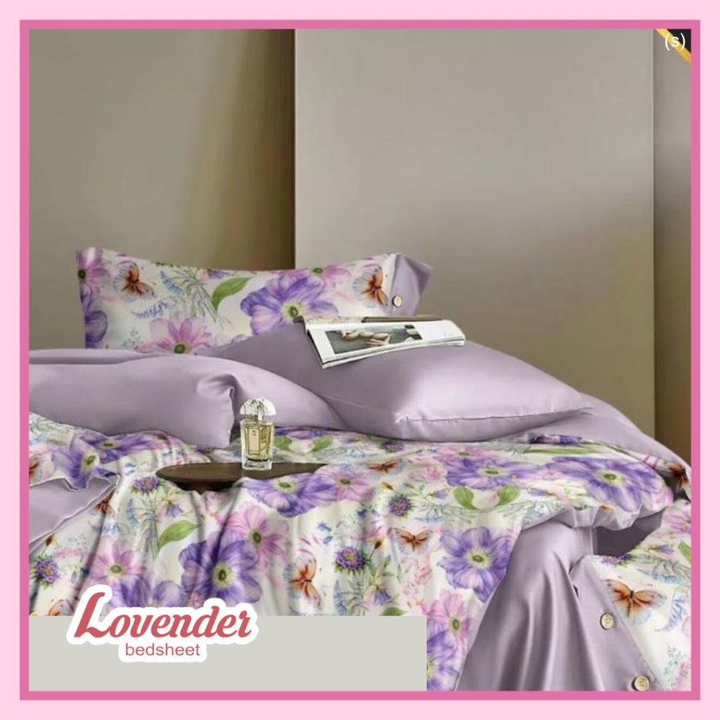 Sprei/Bedcover katun JEPANG pastel hijau green ungu lilac purple bunga flower pink kupu kupu butterf