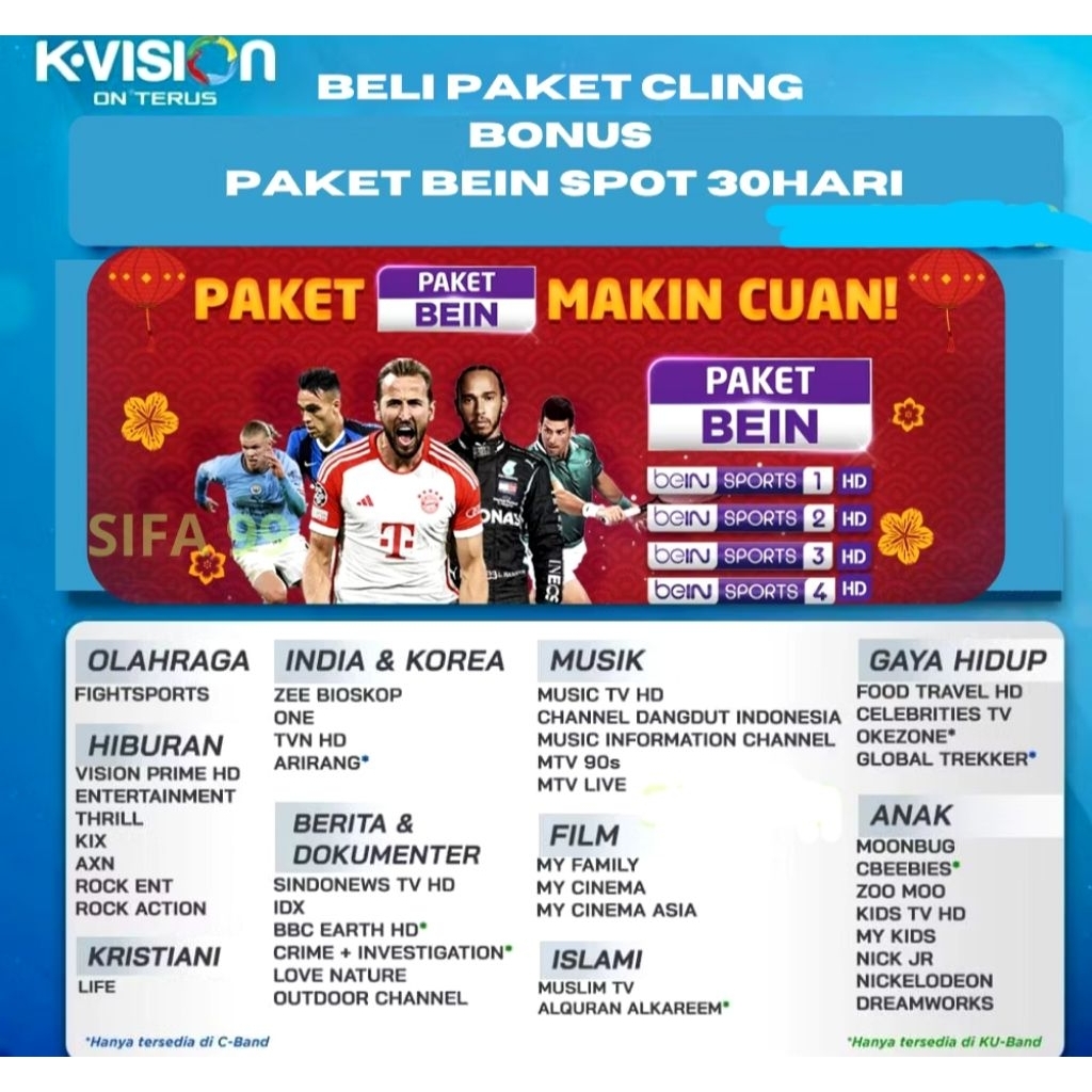 *Paket tv Cling K vision Paket 30 hari MNC parabola tv semua receiver