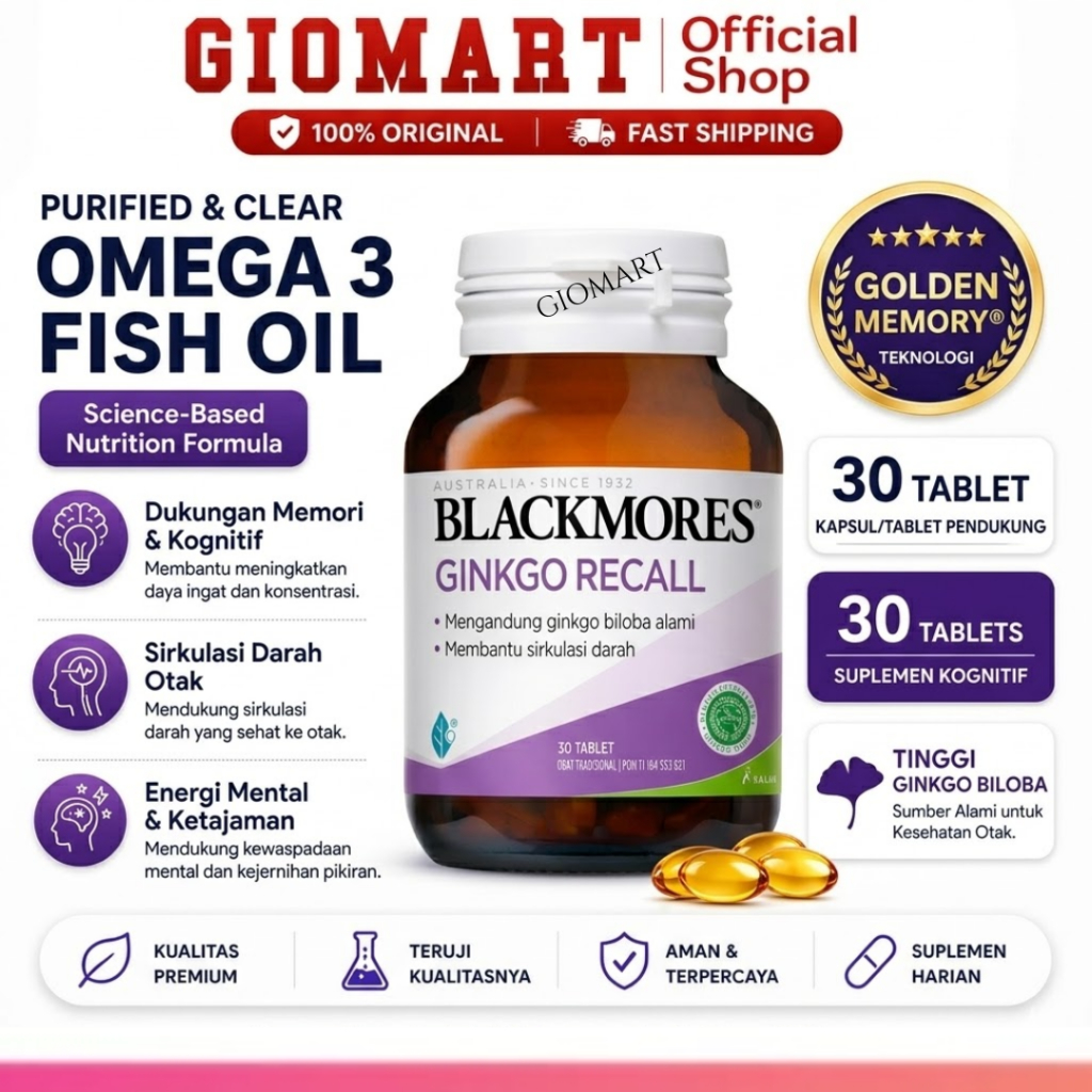 BLACKMORES Ginkgo Recall - 30 Tablet - Vitamin Daya Ingat & Konsentrasi / Suplemen Nutrisi Otak & Si
