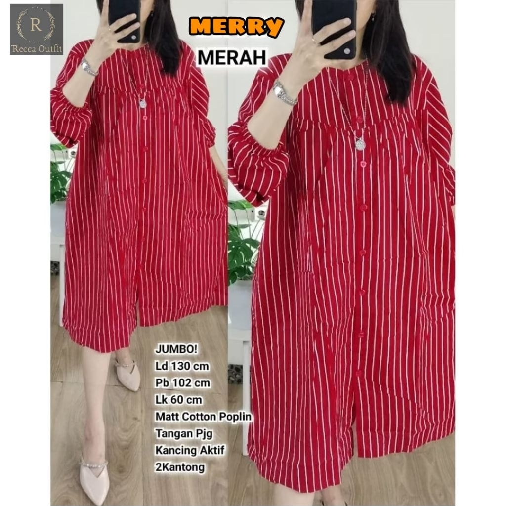 TUNIK KATUN JUMBO LD130 MERAH PUTIH KOMBINASI // ATASAN WANITA POLOS MOTIF SALUR MERRY OVERZIZE PREM