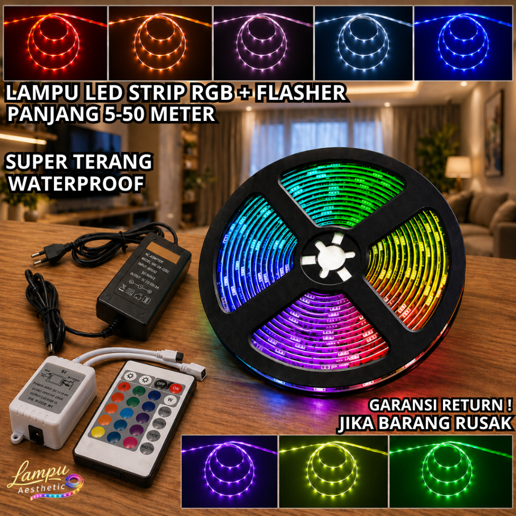 Lampu LED Strip RGB Premium 5–50M Waterproof Remote Lampu LED Hias Rumah Estetik Hemat Listrik