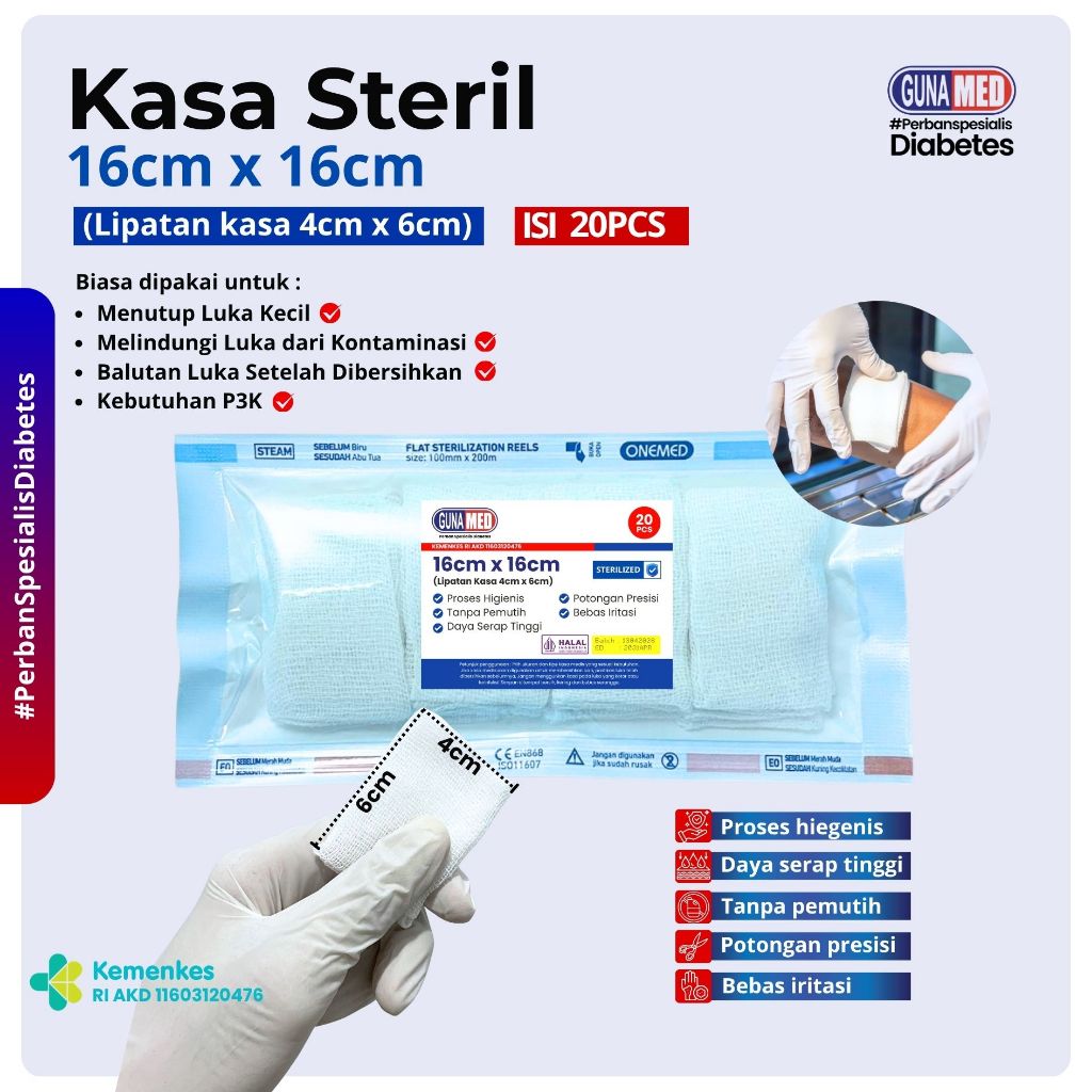 KASA STERIL GUNAMED / KASA 16CM X 16CM ISI 20 PCS / LIPATAN KASA 4CM X 6CM