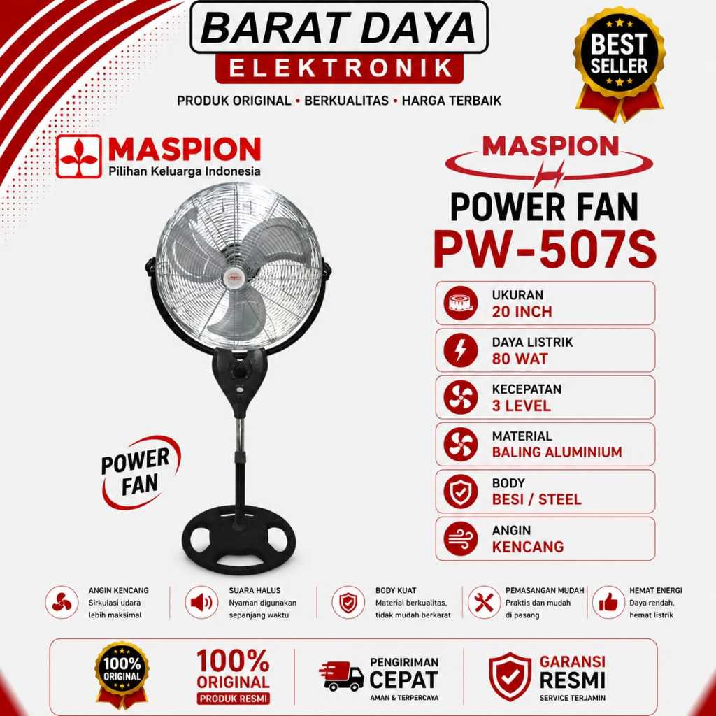 KIPAS ANGIN TORNADO MASPION PW-507 POWER FAN KIPAS ANGIN BERDIRI BESI UKURAN 20 INCHI