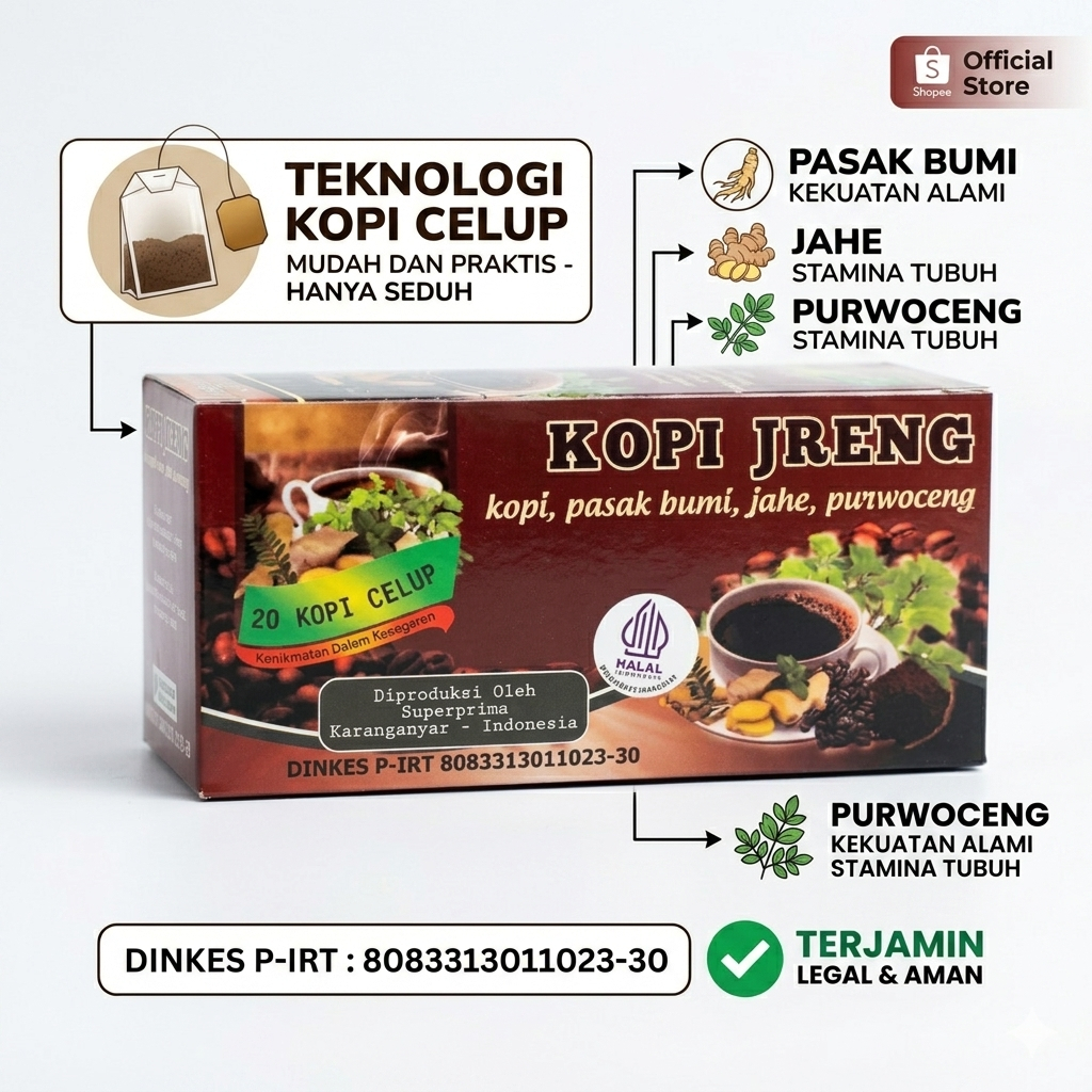 Kopi Jreng Original CV Super Prima - Kopi Herbal Celup Pasak Bumi Purwoceng Jahe Isi 20 Kantong - Mi