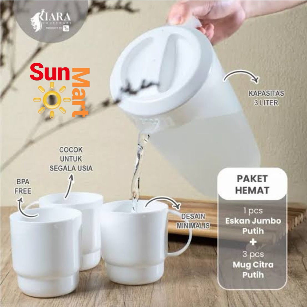 Teko Air Jumbo / Ceret Air / Eskan Plastik Bening 3 Liter Gratis 3 Mug Putih Eskan Jumbo Set Mug