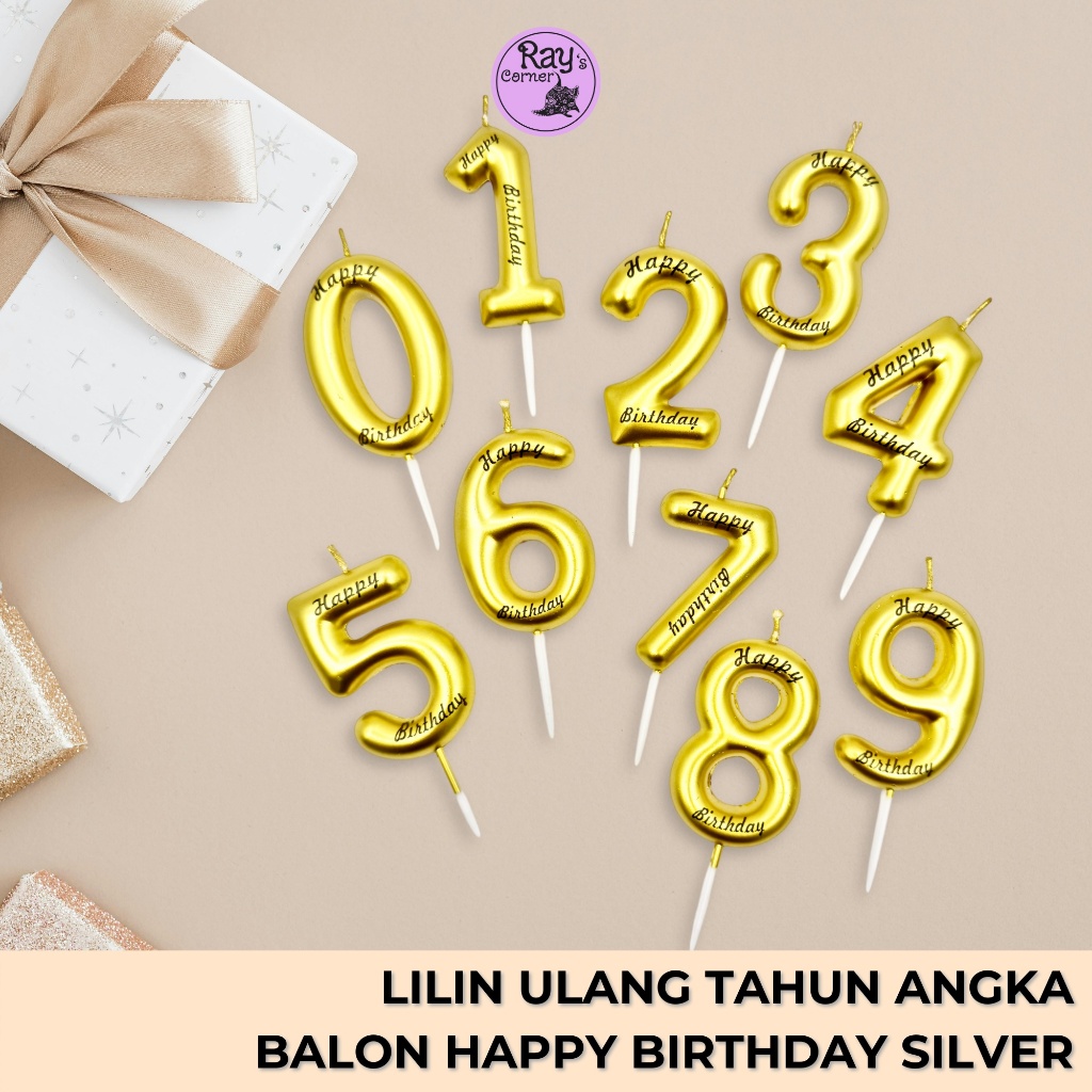 Set Bundle 2 Pcs |  7563-5 Lilin Ulang Tahun Angka Balon Emas Happy Birthday Angka 0 Sampai 9 Premiu