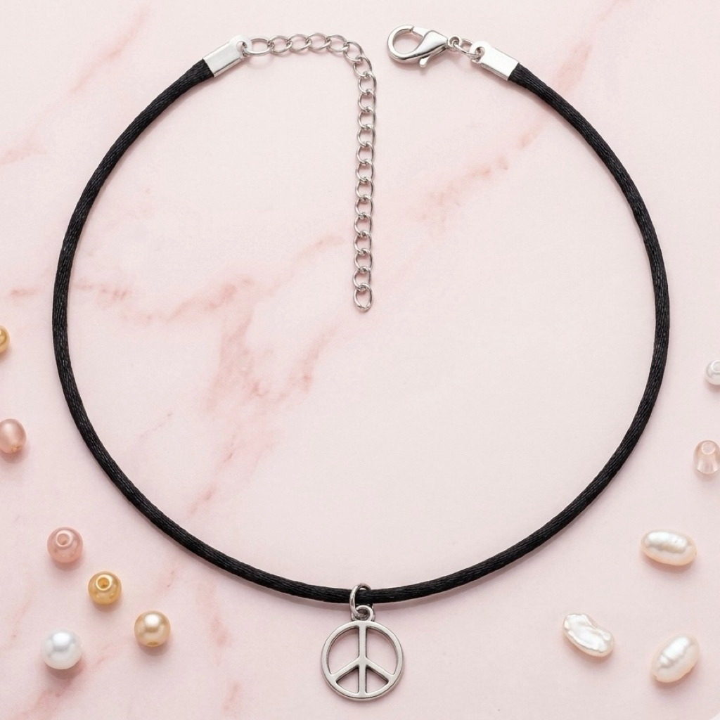kalung choker tali hitam necklace silver peace simbol pendant handmade