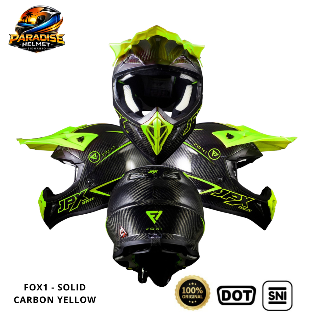 Helm Full Face Cross Pria Wanita Harian Motor Trail Tebal Nyaman SNI DOT JPX FOX1 - SOLID CARBON/ YE