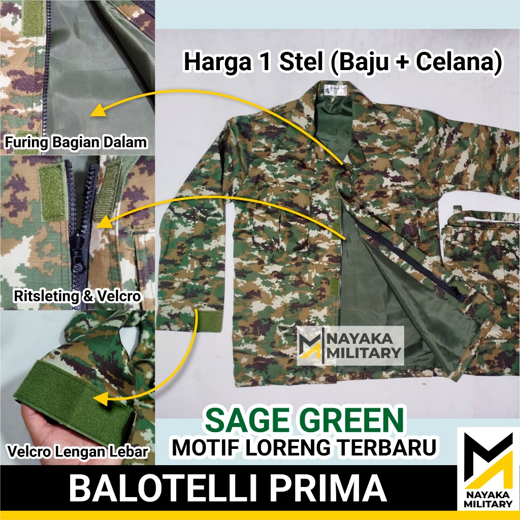 Nayaka Military Baju PDL Loreng Terbaru Balotelli Sage Green Seragam TNI Baloteli Motif Baru Hijau S