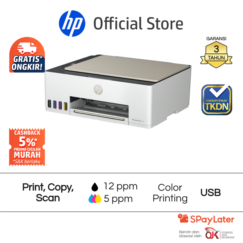 Printer HP Smart Ink Tank 523 All in One Print Scan Copy USB Color Colour Warna Garansi  Promo Murah