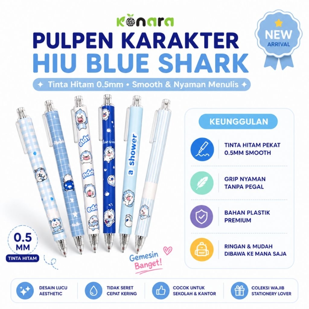 KONARA Pulpen Hiu Shark Tinta Hitam Karakter Lucu Aesthetic untuk Sekolah Kantor Murah