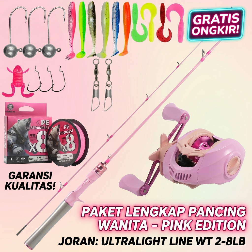 SET ALAT PANCING LENGKAP - Joran Pancing Carbon Macaron Pink BFS & Reel Baitcasting Super Ringan + S