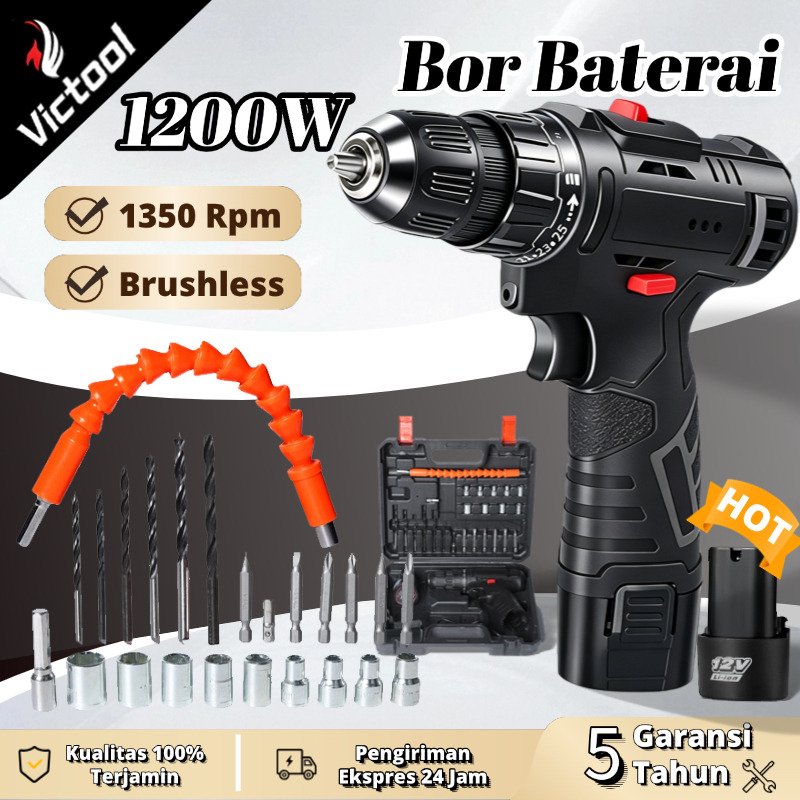 Victool.Mall Mesin Bor Baterai Listrik 1200W Dampak Tanpa Kabel Bor Set Aksesoris Lengkap Bor Listri
