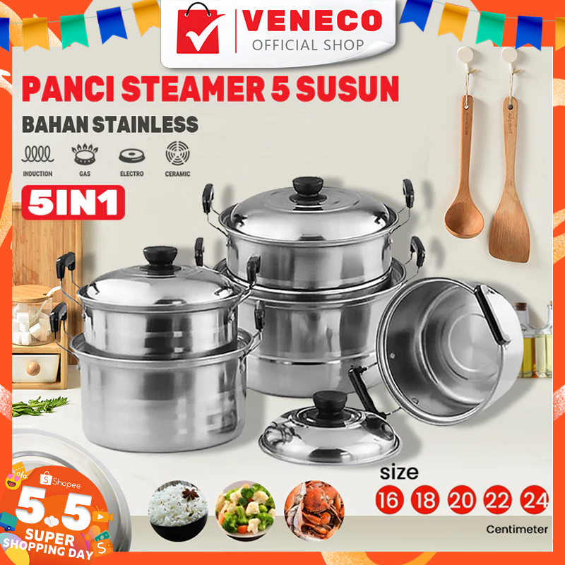 Set Panci Stainless 5 Susun Tutup Kaca Tebal Premium - 5 Panci 5 Tutup