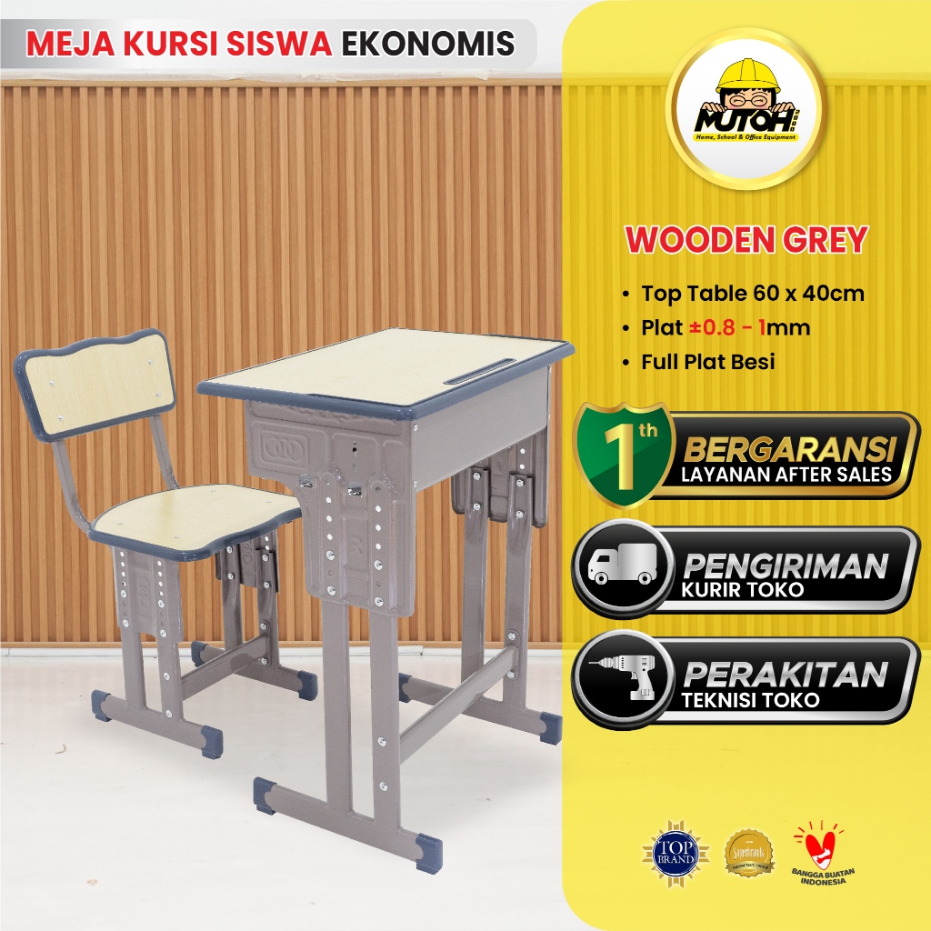 Meja belajar meja kursi sekolah meja siswa 1 set SERAT KAYU LIS ABU-ABU
