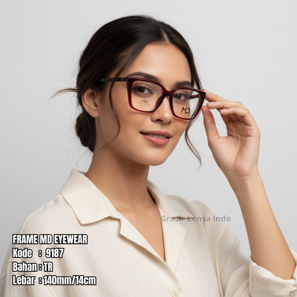Kacamata Cat Eye MD 9187 Bahan Tr 90 Tangkai Lentur Lebar Frame 140mm