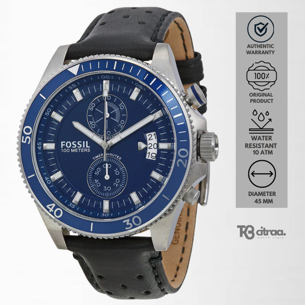 Jam Tangan Pria Fossil Wakefield Chronograph Kulit Black Dial Blue Sporty Casual Original CH2945