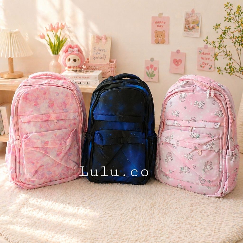 Tas ransel sekolah 17 inci HSD64018 HELLO KITTY GALAXY LOVE PINK