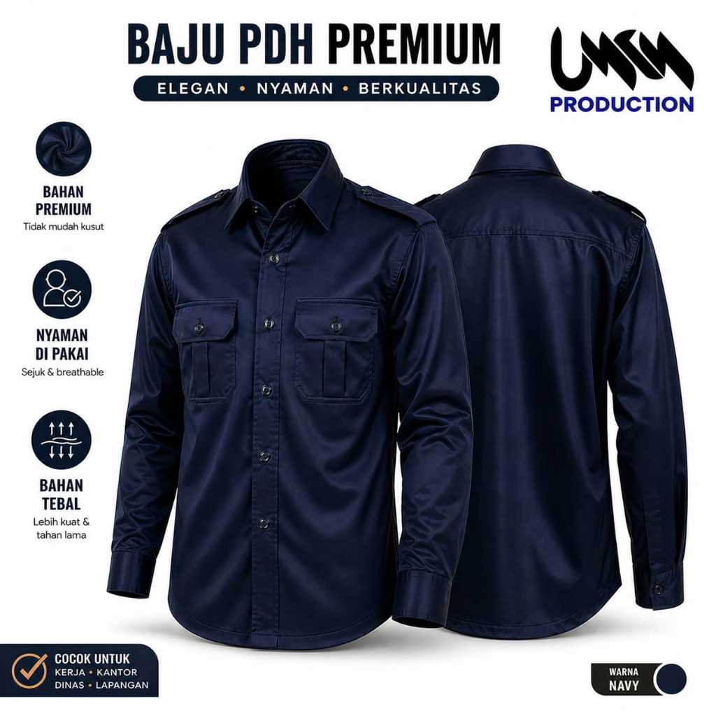 Kemeja PDH Pria Navy Premium | Seragam Kerja Lapangan Kantor Formal Tebal & Nyaman