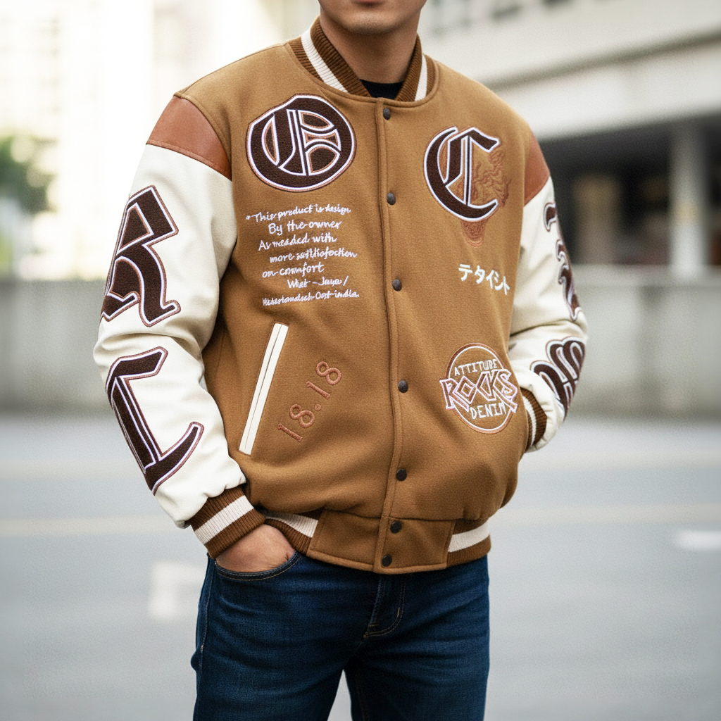 Rocksdenim - Varsity brown wolf - Jacket varsity Leather Unisex Pria Sweater