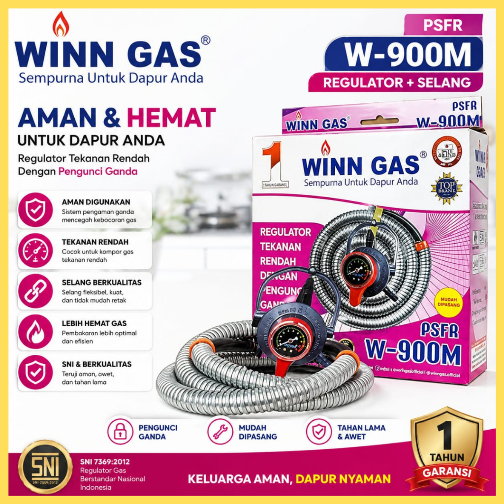Winn Gas W900M Regulator Gas Selang Paket Meter Manometer Tekanan Rendah SNI Anti Bocor Aman Ori