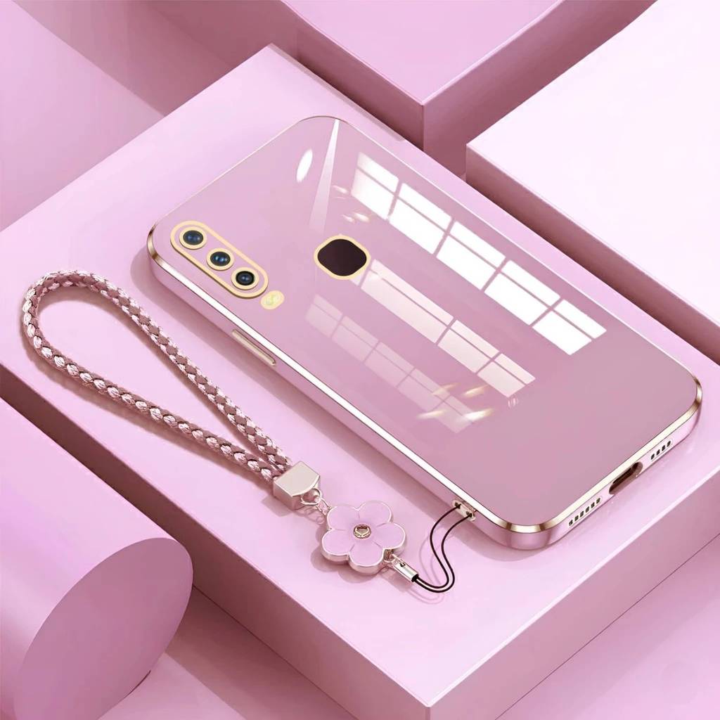 Soft Case Vivo Y12 Y15 Y17 Casing Elektro Plating Dengan Bonus Tali Gantungan Motif Bunga