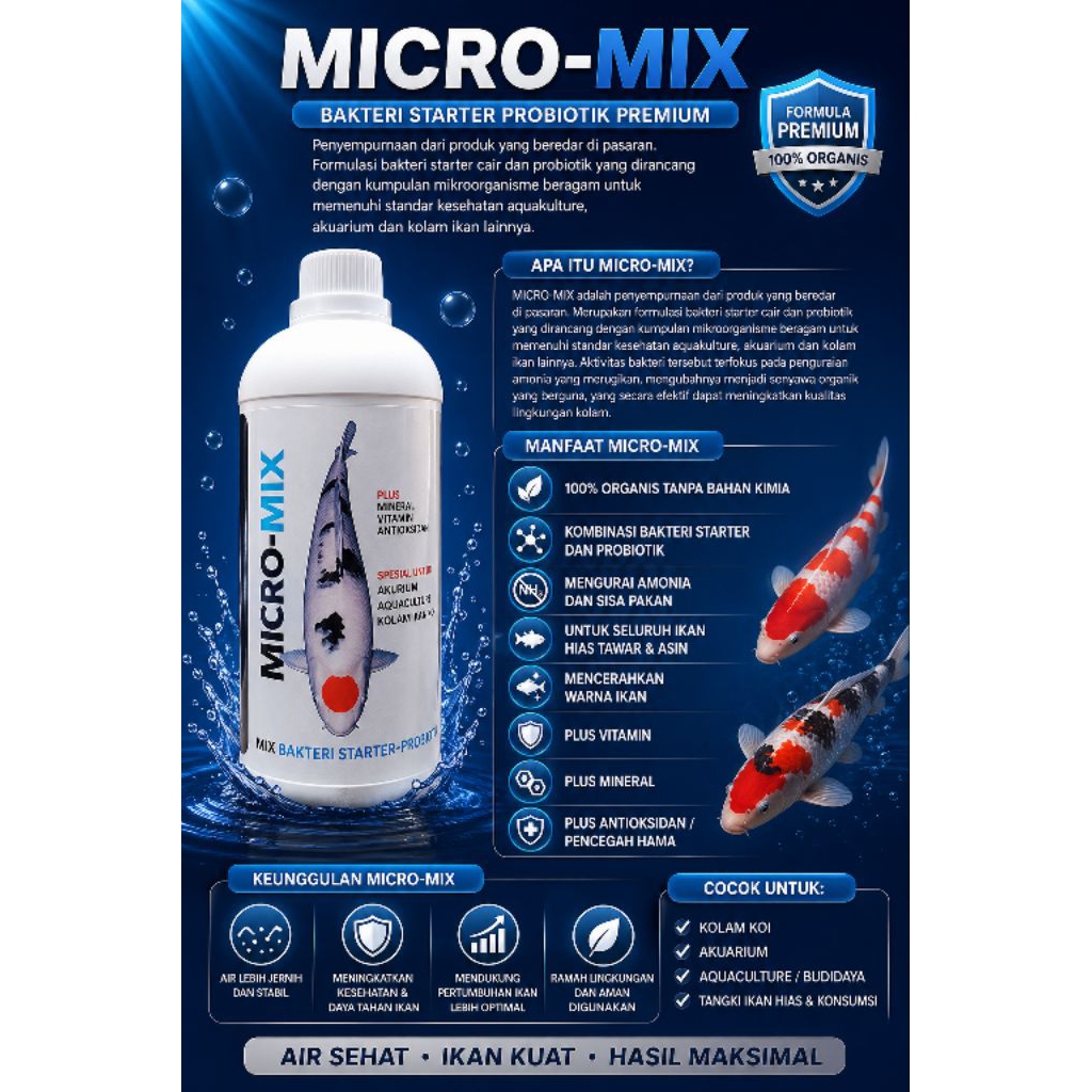 MICRO MIX 250ml. Probiotik Ikan – Air Stabil, Warna Ikan Cerah, Bebas Racun