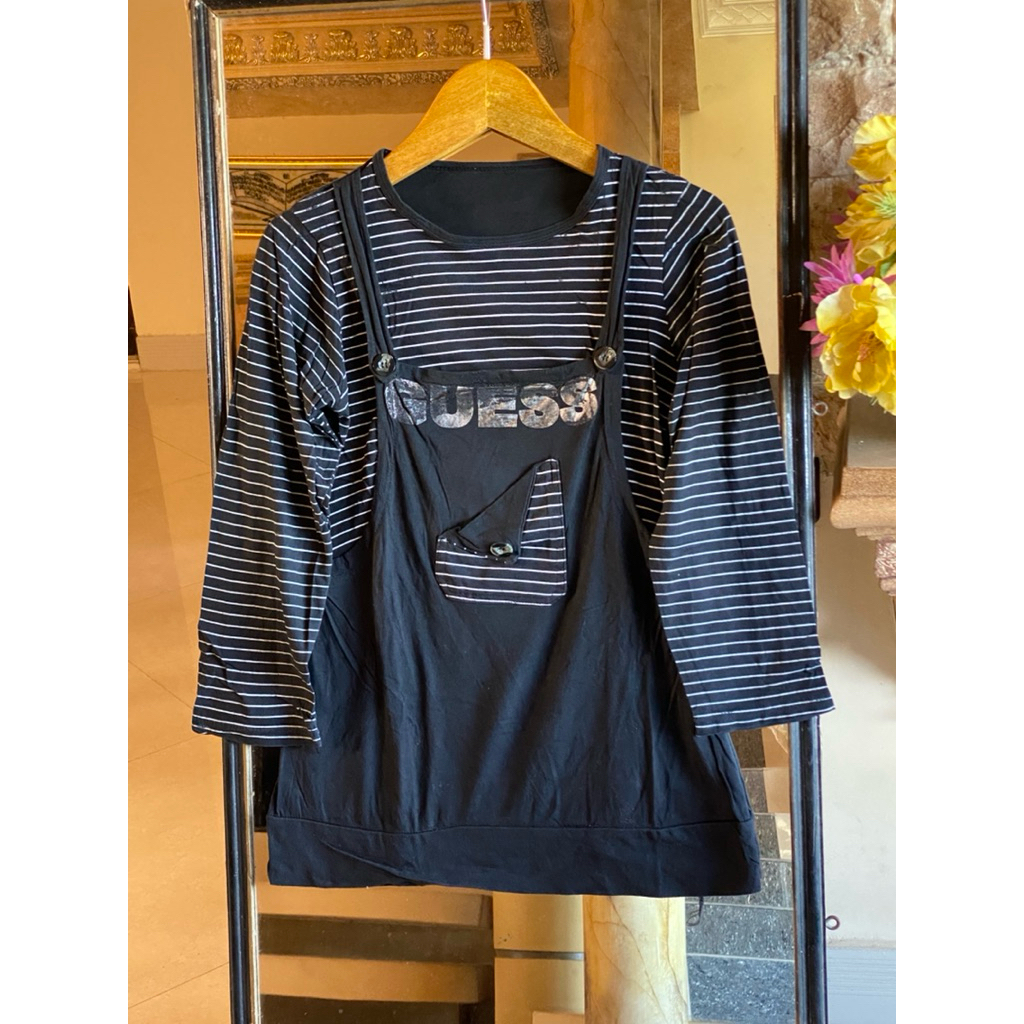 [bisa cod] pl atasan wanita stripe garis hitam putih | Preloved baju kemeja blouse murah gaya monyet