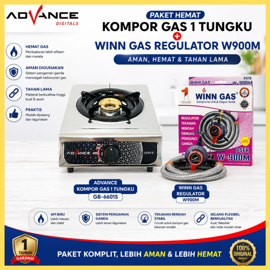Paket Kompor Gas 1 Tungku Advance GB 6601S + Winn Gas Regulator Selang W900M SNI Anti Bocor Ori Baru